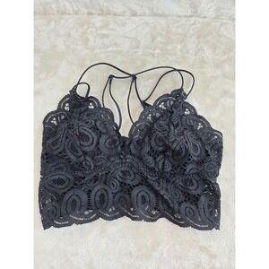 Victorias Secret PINK Black Floral Lace Strappy Back Bralette Smocked‎ Large